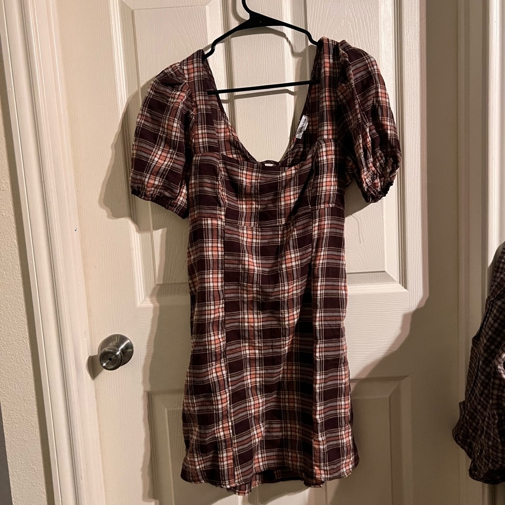 Plaid brown babydoll puff sleeve linen dress